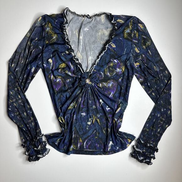 Y2k Roberto Cavalli Ruffle Heart Print Top S Italy Romantic Glam Designer Rare - Picture 3 of 14
